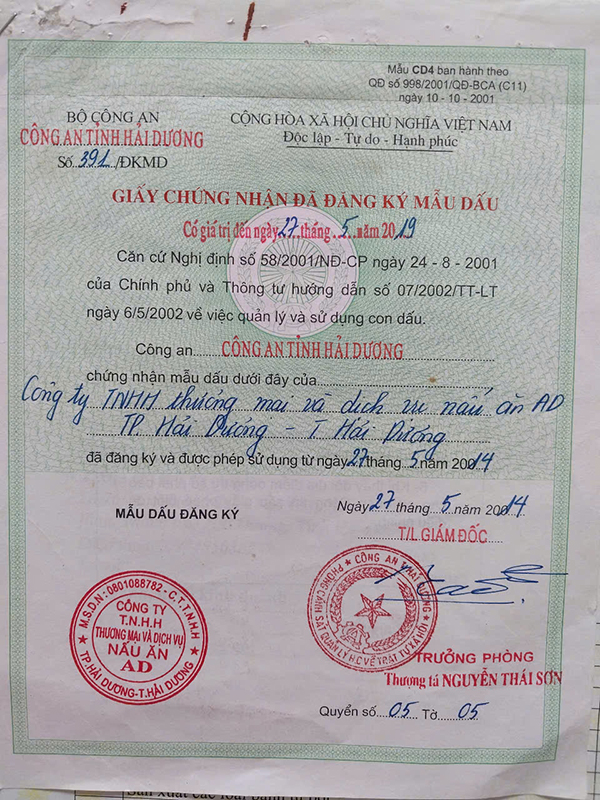 Chứng nhận mẫu dấu - Suất Ăn Công Nghiệp AD - Công Ty TNHH Thương Mại Và Dịch Vụ Nấu Ăn AD