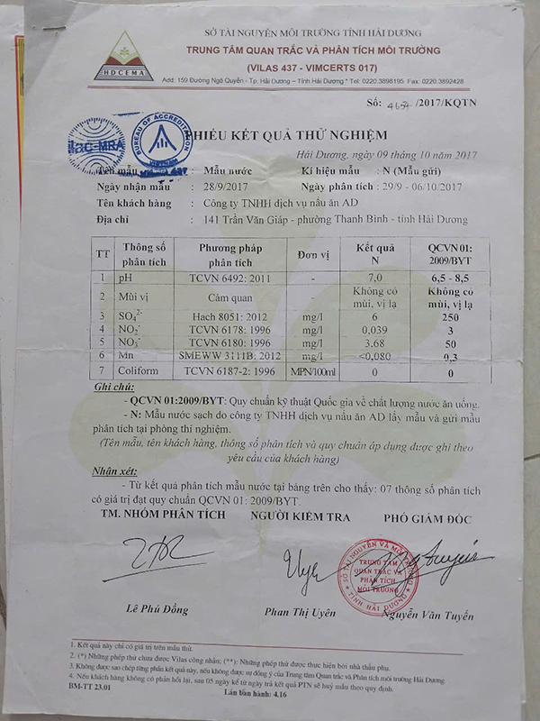 Phiếu kết quả kiểm nghiệm - Suất Ăn Công Nghiệp AD - Công Ty TNHH Thương Mại Và Dịch Vụ Nấu Ăn AD