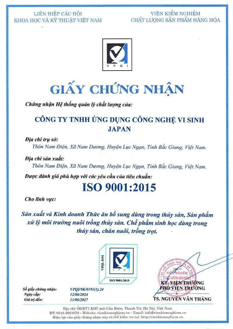 Chứng nhận ISO 9001:2015 - Vi Sinh Japan - Công Ty TNHH ứng Dụng Công Nghệ Vi Sinh Japan