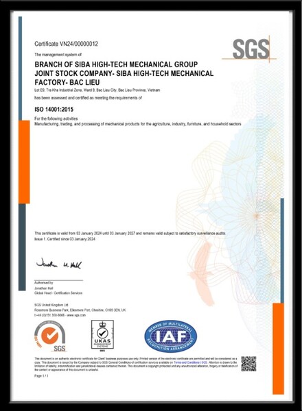 ISO 14001:2015 - Tủ Bảng Điện SIBA - Công Ty Cổ Phần Tập Đoàn Cơ Khí Công Nghệ Cao SIBA