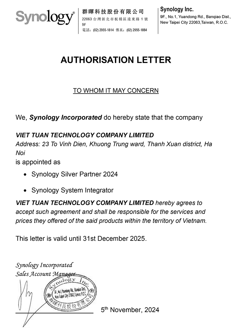 Chứng nhận phân phối Synology - Công Nghệ Việt Tuấn - Công Ty TNHH Công Nghệ Việt Tuấn