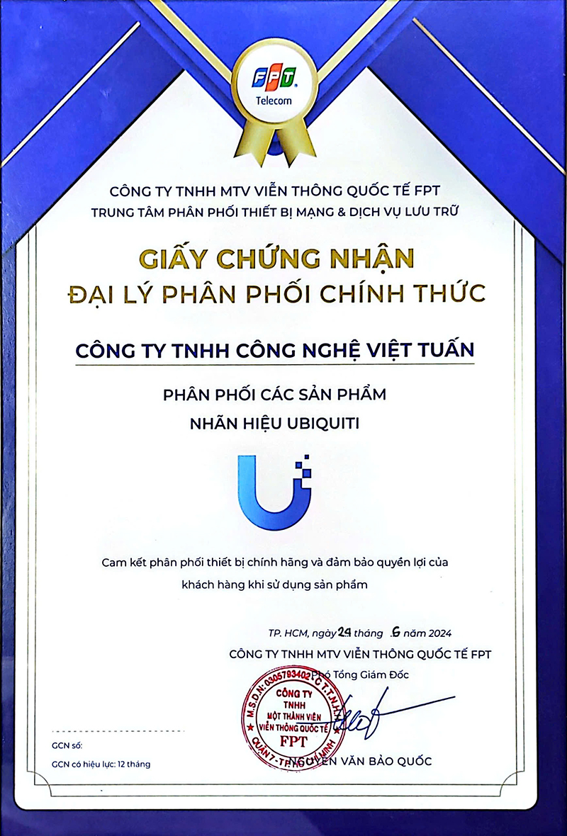 Chứng nhận phân phối Unifi - Công Nghệ Việt Tuấn - Công Ty TNHH Công Nghệ Việt Tuấn