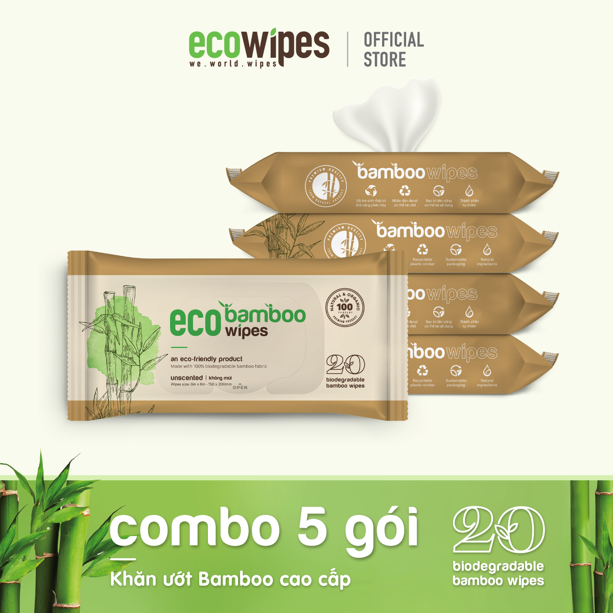 Combo 5 gói khăn ướt Bamboo 20 tờ - Khăn Ướt ECO WIPES - Công Ty Cổ Phần ECO WIPES Việt Nam