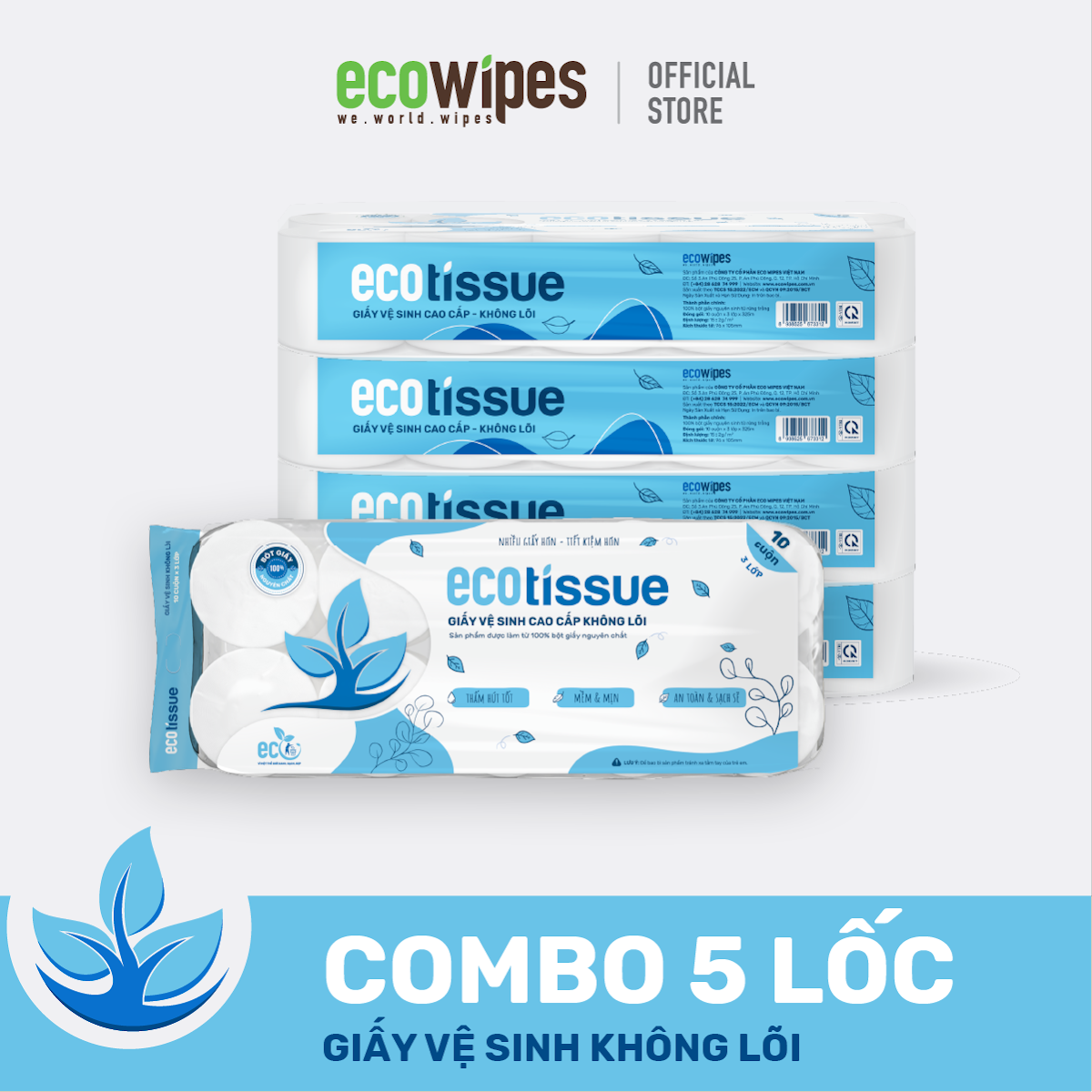 Combo 5 lốc giấy vệ sinh 10 cuộn/không lõi - Khăn Ướt ECO WIPES - Công Ty Cổ Phần ECO WIPES Việt Nam