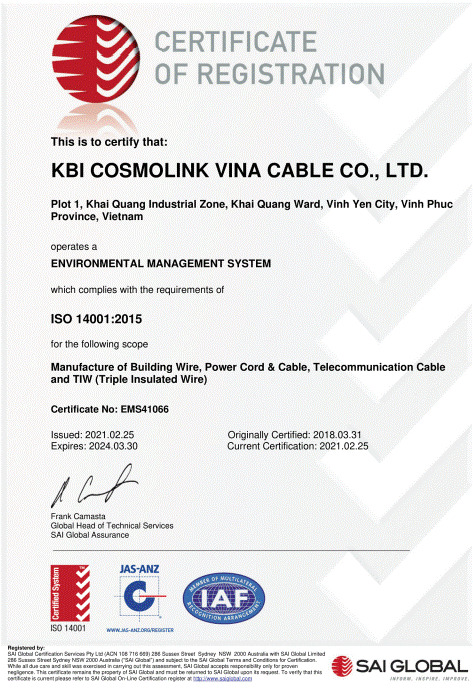 Chứng nhận ISO 14001:2015 - Chi Nhánh Bắc Ninh - Công Ty TNHH Cáp Điện KBI Cosmolink Vina