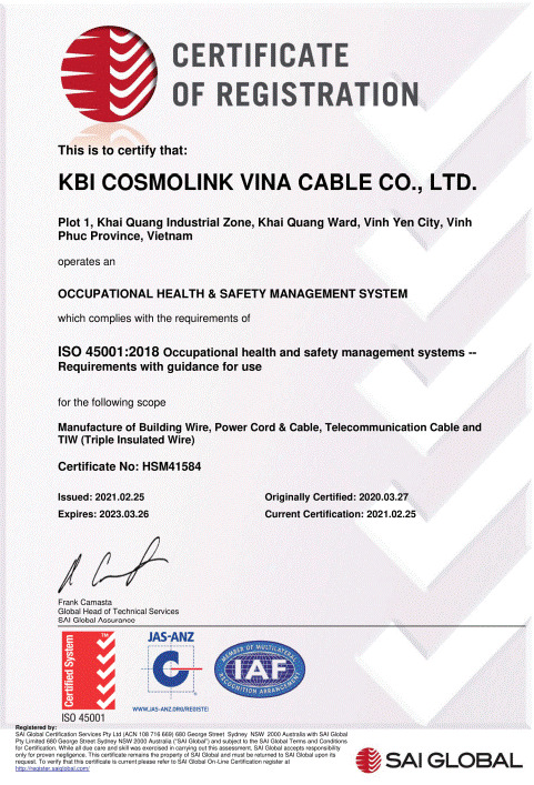 Chứng nhận ISO 45001:2018 - Chi Nhánh Bắc Ninh - Công Ty TNHH Cáp Điện KBI Cosmolink Vina