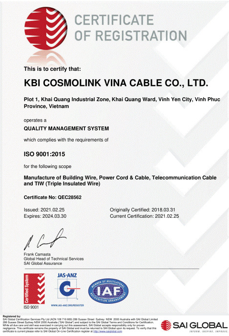 Chứng nhận ISO 9001:2015 - Chi Nhánh Bắc Ninh - Công Ty TNHH Cáp Điện KBI Cosmolink Vina