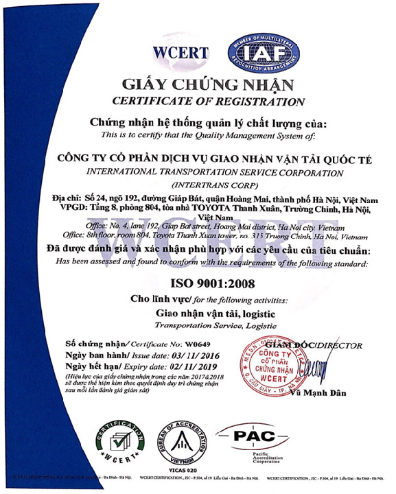 ISO 9001:2008 - Logistics Intertrans - Công Ty Cổ Phần Dịch Vụ Giao Nhận Vận Tải Quốc Tế