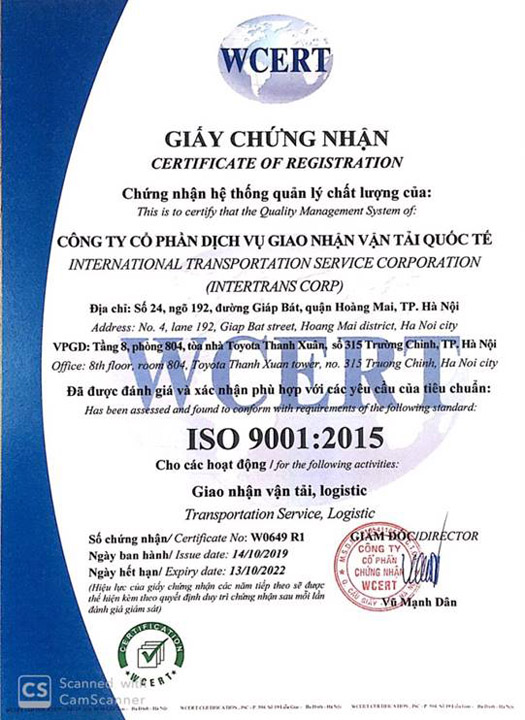 ISO 9001:2015 - Logistics Intertrans - Công Ty Cổ Phần Dịch Vụ Giao Nhận Vận Tải Quốc Tế