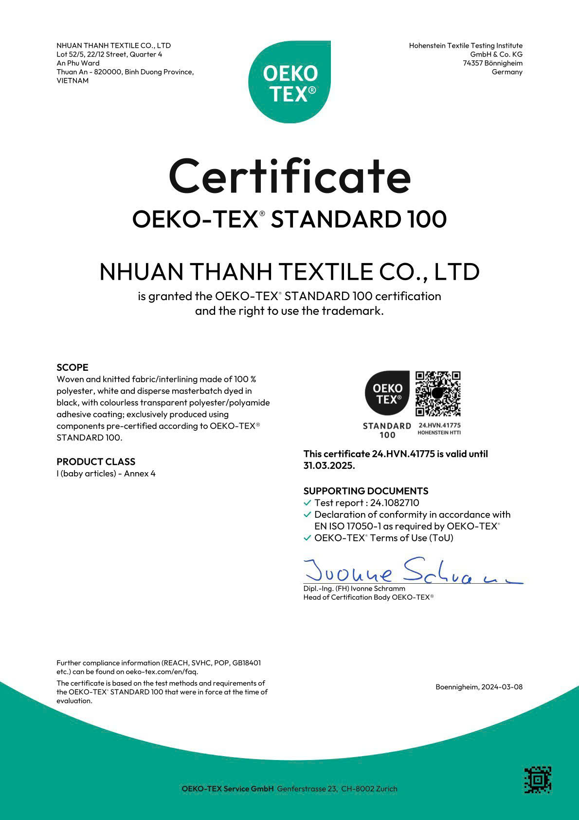 Chứng nhận OEKO TEX STANDARD 100