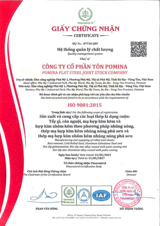 ISO 9001:2015 - Tôn Pomina - Công Ty Cổ Phần Tôn Pomina