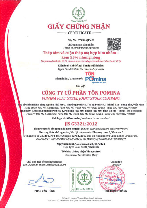 JIS G3321:2012 - Tôn Pomina - Công Ty Cổ Phần Tôn Pomina