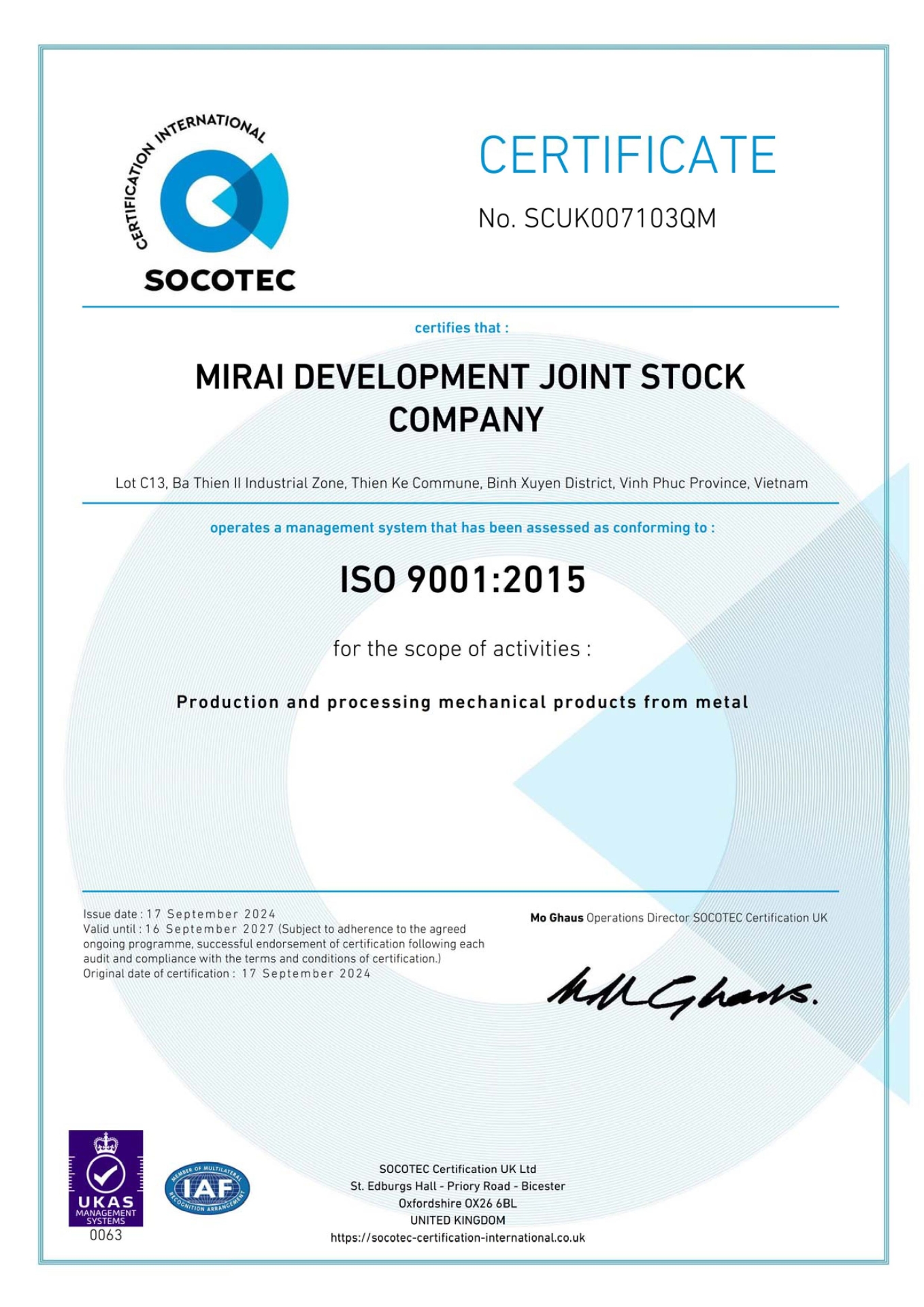 Chứng chỉ - Công Ty Cổ Phần Phát Triển Mirai