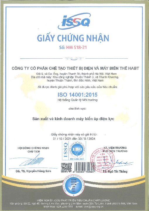 ISO 14001:2015 - Chi Nhánh Công Ty Cổ Phần Chế Tạo Thiết Bị Điện Và Máy Biến Thế Habt