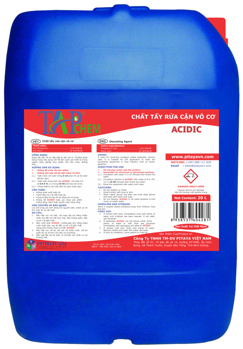Tẩy cặn vô cơ Acidic - Hóa Chất Tẩy Rửa Tapchem - Công Ty TNHH Thương Mại Và Dịch Vụ Pitaya Việt Nam
