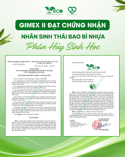 Nhãn sinh thái bao bì nhựa phân huỷ sinh học Gimex II - VN-ECO-2025-011 - Túi Phân Hủy Tổng Hợp II - Công Ty TNHH Sản Xuất Thương Mại Tổng Hợp II