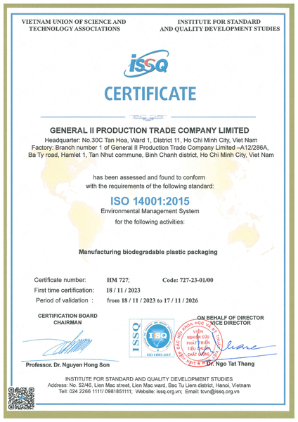 Chứng nhận ISO 14001:2015 - Túi Phân Hủy Tổng Hợp II - Công Ty TNHH Sản Xuất Thương Mại Tổng Hợp II