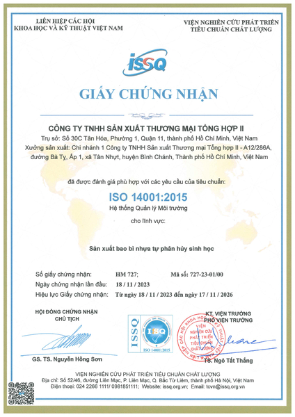 Chứng nhận ISO 14001:2015 - Túi Phân Hủy Tổng Hợp II - Công Ty TNHH Sản Xuất Thương Mại Tổng Hợp II