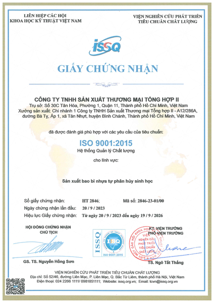Chứng nhận ISO 9001:2015 - Túi Phân Hủy Tổng Hợp II - Công Ty TNHH Sản Xuất Thương Mại Tổng Hợp II