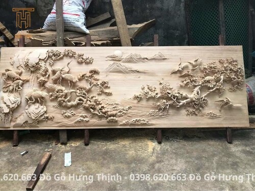 Tranh gỗ cửu hạc quần mai - Đồ Gỗ Mỹ Nghệ Cao Cấp Hưng Thịnh