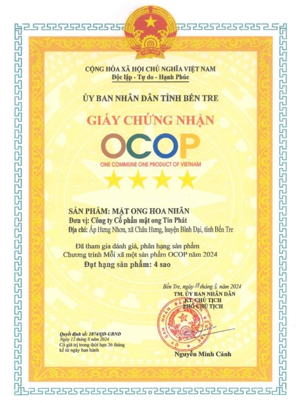 Chứng nhận OCOP mật ong hoa nhãn - Mật Ong Tín Phát - Công Ty Cổ Phần Mật Ong Tín Phát