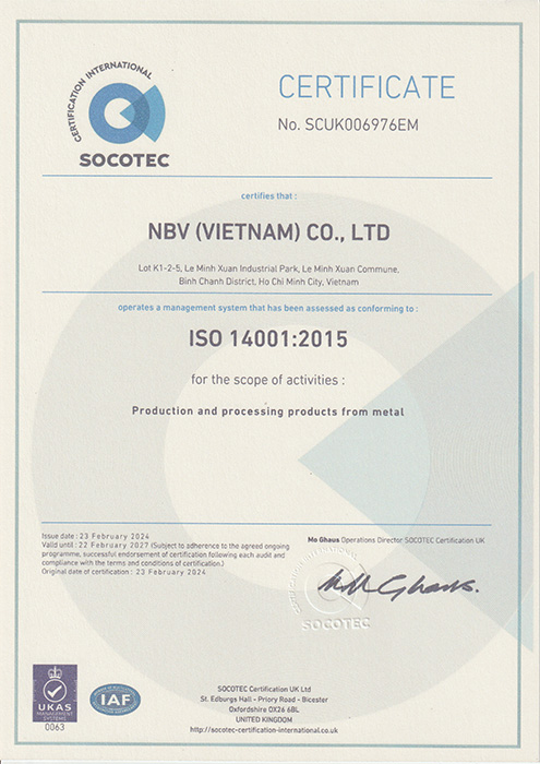 Chứng nhận ISO 14001:2015 - Gia Công Kim Loại NBV - Công Ty TNHH NBV (Việt Nam)