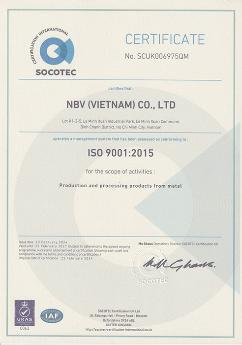 Chứng nhận ISO 9001:2015 - Gia Công Kim Loại NBV - Công Ty TNHH NBV (Việt Nam)