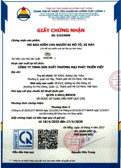 Chứng chỉ, chứng nhận - Mũ Bảo Hiểm Công Nghệ Việt Nam - Công Ty Cổ Phần Phát Triển Nghiên Cứu Công Nghệ Việt Nam