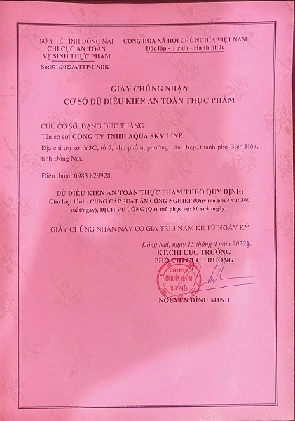 Chứng nhận VSATTP - Suất Ăn Công Nghiệp Sky Food - Công Ty TNHH Aqua Sky Line