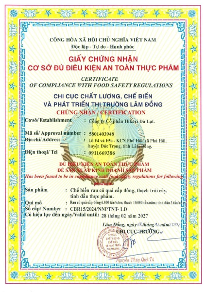 Chứng nhận của Hikari - Công Ty Cổ Phần Hikari Đà Lạt