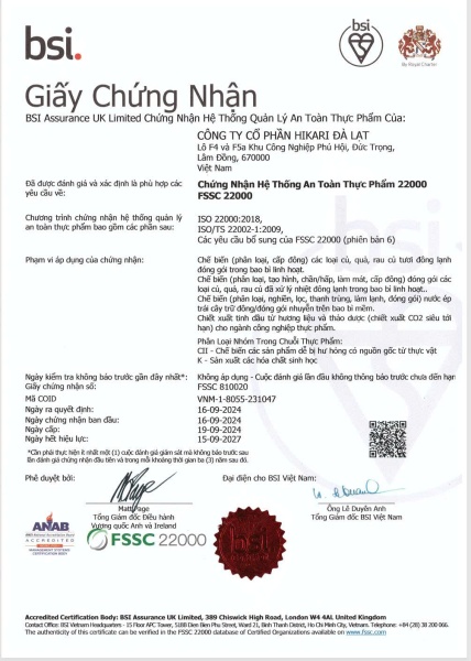 Chứng nhận của Hikari - Công Ty Cổ Phần Hikari Đà Lạt
