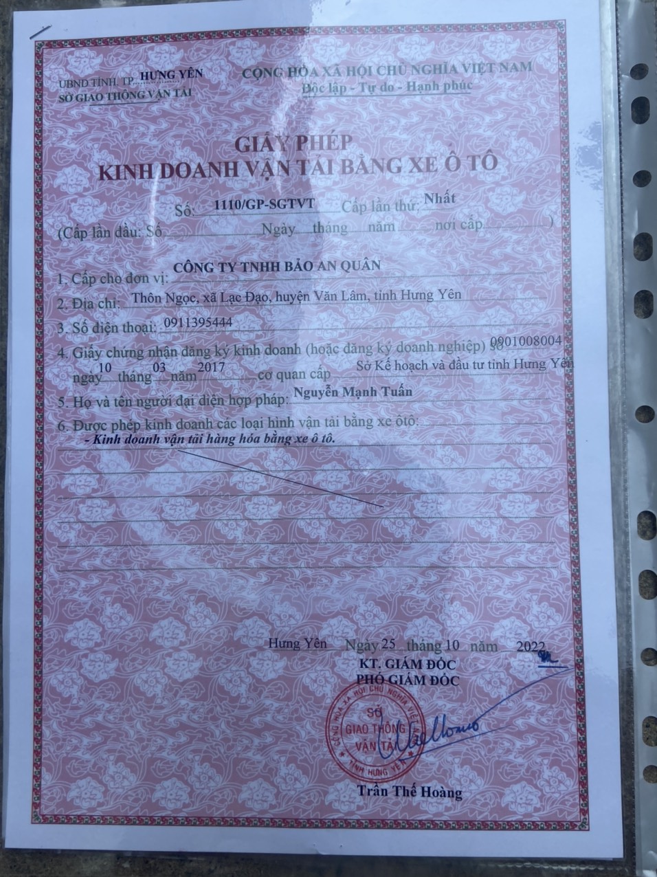 Chứng chỉ, chứng nhận - Logistics Bảo An Quân - Công Ty TNHH Bảo An Quân