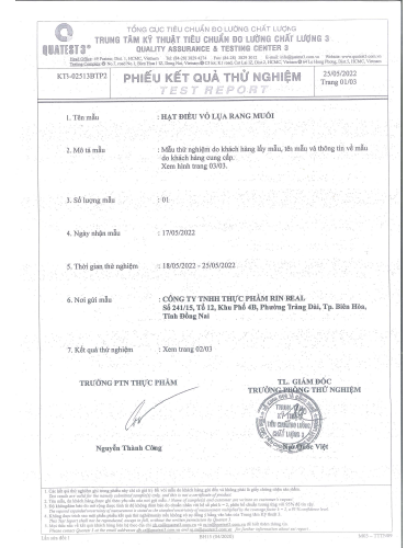 Giấy công bố sản phẩm hạt điều vỏ lụa rang muối