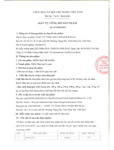 Giấy công bố sản phẩm nhân hạt bí xanh