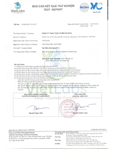 Giấy kiểm nghiệm hạt điều sữa nguyên vị