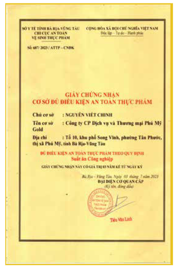 Giấy chứng nhận - Suất ăn Công Nghiệp Phú Mỹ Gold - Công Ty CP Dịch Vụ Và Thương Mại Phú Mỹ Gold