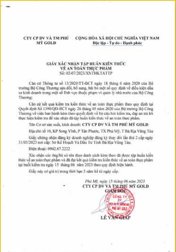 Giấy xác nhận - Suất ăn Công Nghiệp Phú Mỹ Gold - Công Ty CP Dịch Vụ Và Thương Mại Phú Mỹ Gold