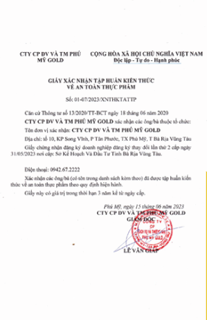Giấy xác nhận - Suất ăn Công Nghiệp Phú Mỹ Gold - Công Ty CP Dịch Vụ Và Thương Mại Phú Mỹ Gold