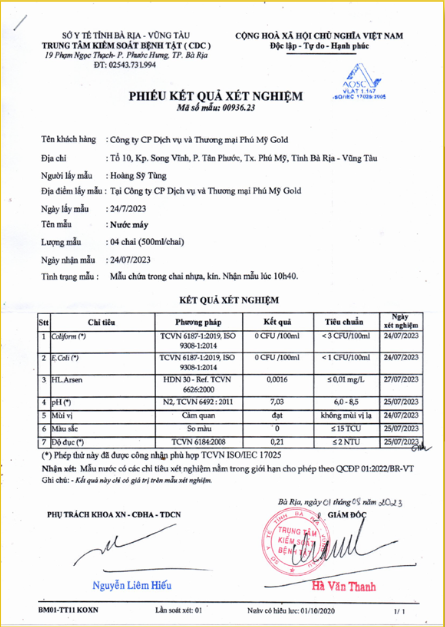 Phiếu kết quả xét nghiệm - Suất ăn Công Nghiệp Phú Mỹ Gold - Công Ty CP Dịch Vụ Và Thương Mại Phú Mỹ Gold