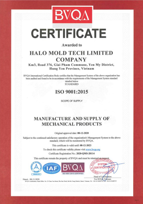 ISO 9001:2015 - Khuôn ép Nhựa Halo Mold Tech - Công Ty TNHH HALO MOLD TECH
