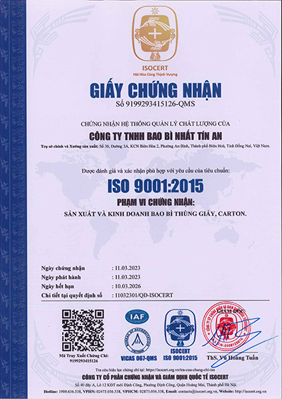 Chứng nhận ISO 9001:2015 - Thùng Carton Nhất Tín An - Công Ty TNHH Bao Bì Nhất Tín An