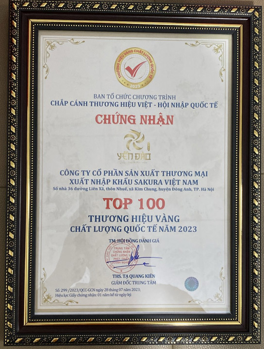 Top 100 thương hiệu vàng chất lượng quốc tế - Yến Sào Sakura - Công Ty Cổ Phần Sản Xuất Thương Mại Xuất Nhập Khẩu Sakura Việt Nam