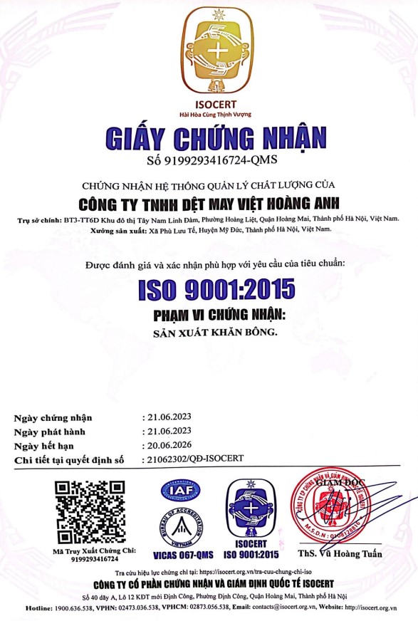 ISO 9001:2015 - Khăn Bông Việt Hoàng Anh - Công Ty TNHH Dệt May Việt Hoàng Anh