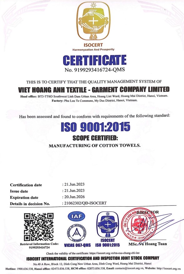 ISO 9001:2015 - Khăn Bông Việt Hoàng Anh - Công Ty TNHH Dệt May Việt Hoàng Anh