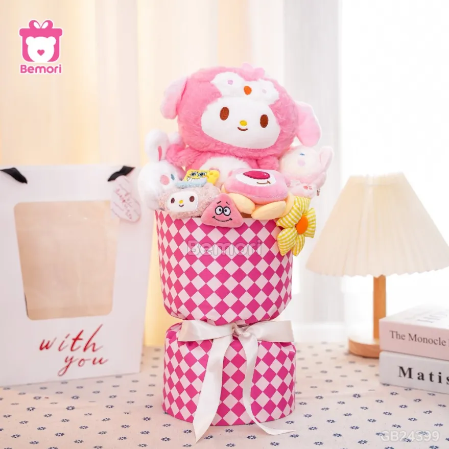 Set bó hoa vải Caro thỏ Melody hồng