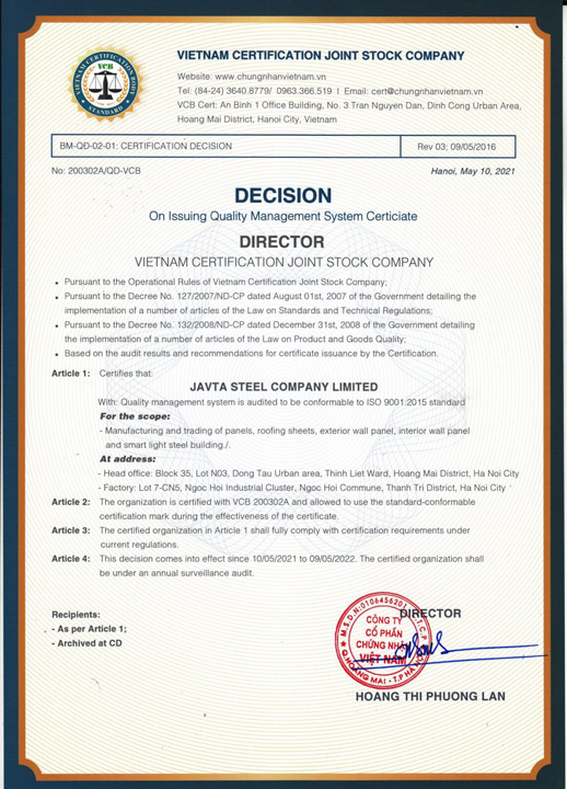 Chứng nhận ISO 9001:2015 Tiếng Anh - Panel Cách Nhiệt Phú Sơn - Công Ty TNHH Công Nghệ Công Nghiệp Phú Sơn