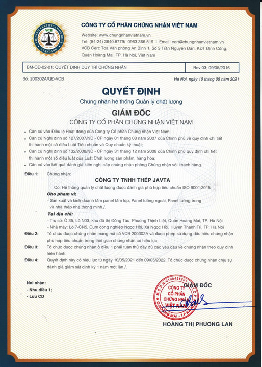 Chứng nhận ISO 9001:2015 Tiếng Việt - Panel Cách Nhiệt Phú Sơn - Công Ty TNHH Công Nghệ Công Nghiệp Phú Sơn