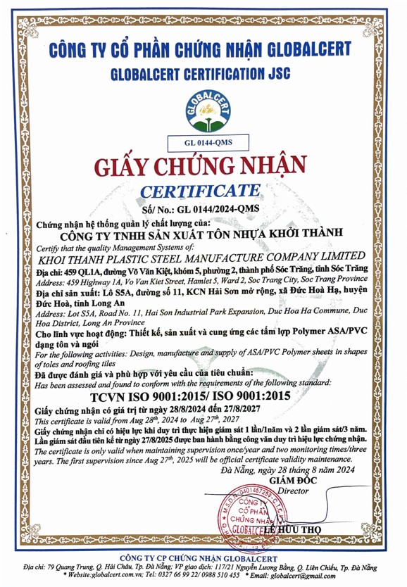 ISO 9001:2015 - Tôn Nhựa, Ngói Nhựa Khởi Thành - Công Ty TNHH Sản Xuất Tôn Nhựa Khởi Thành