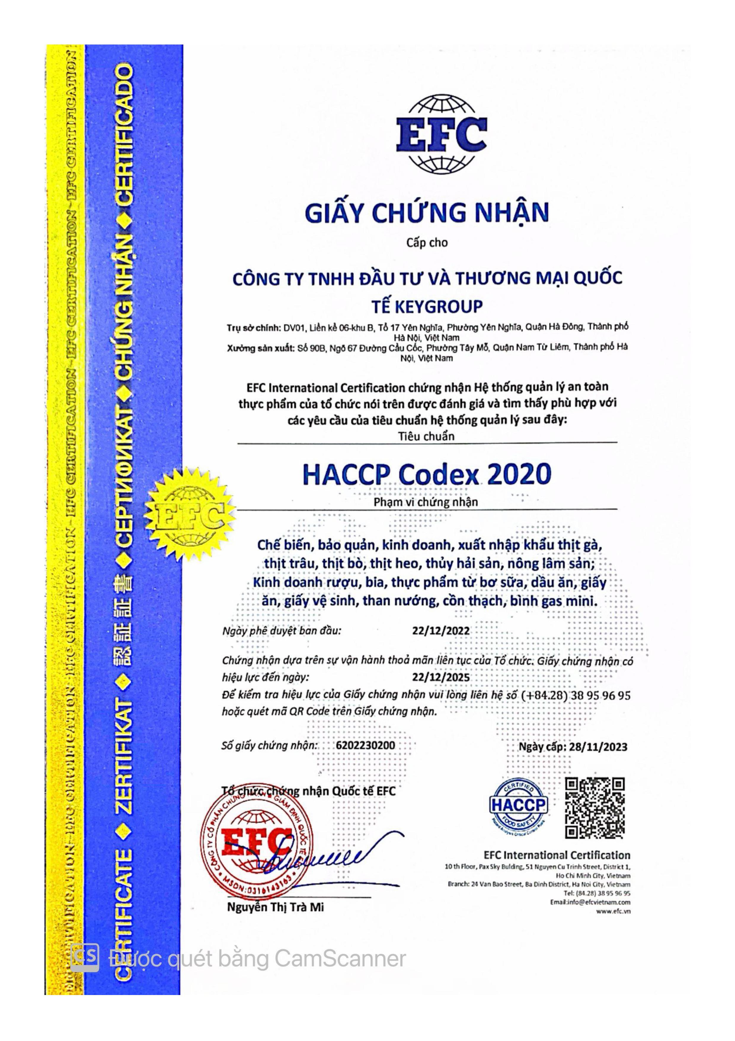 Chứng chỉ - Thực Phẩm Đông Lạnh Keyfoods Việt - Công Ty TNHH Đầu Tư Thương Mại Quốc Tế KeyGroup