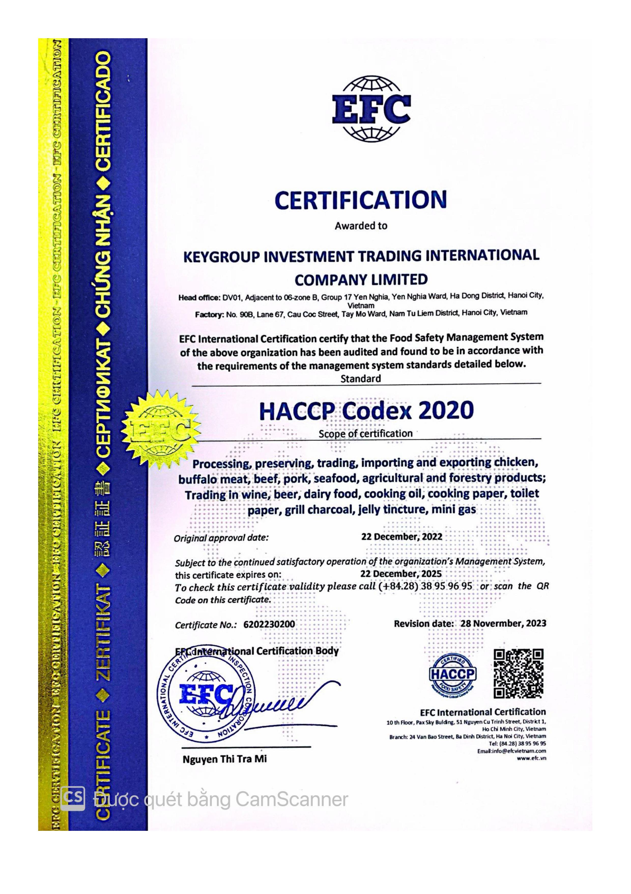 Chứng chỉ - Thực Phẩm Đông Lạnh Keyfoods Việt - Công Ty TNHH Đầu Tư Thương Mại Quốc Tế KeyGroup